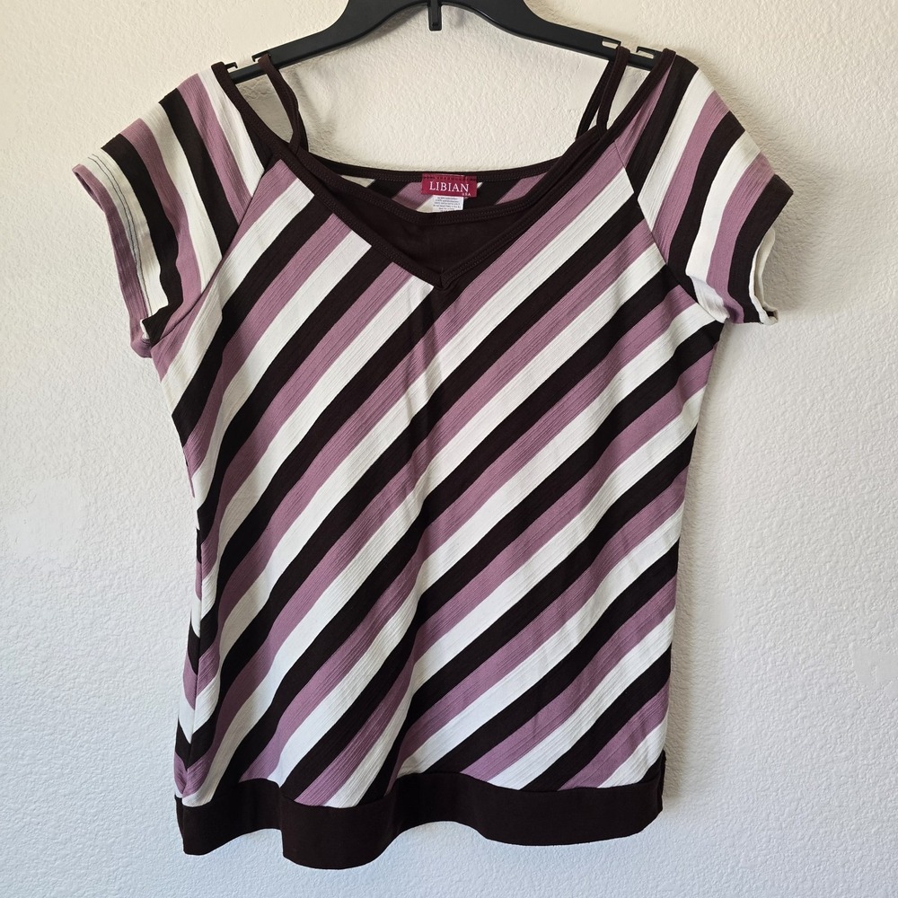 VTG Y2k 90s Libian Women 2XL Diagonal Stripe Cold Shoulder Blouse‎ Top USA Made